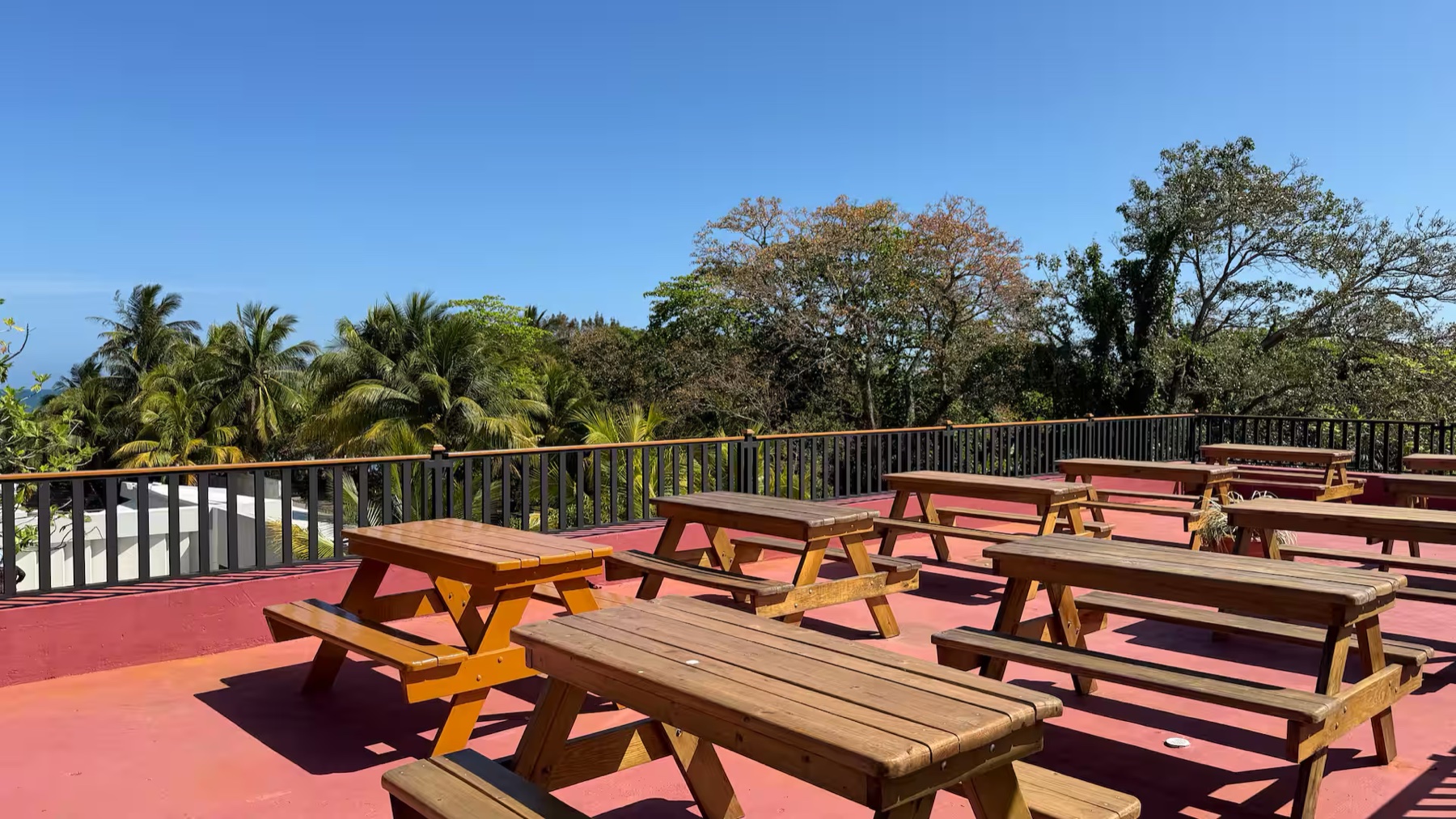 Terraza rooftop con mesas de picnic